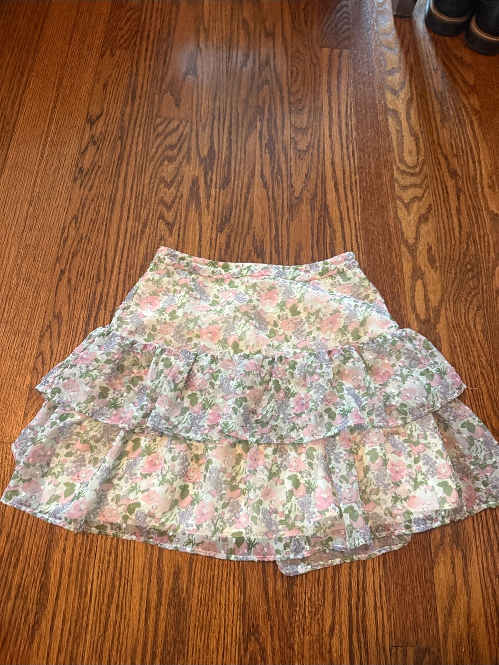 Senlis Floral Tiered Ruffle Mini Skirt - Pink Green Floral